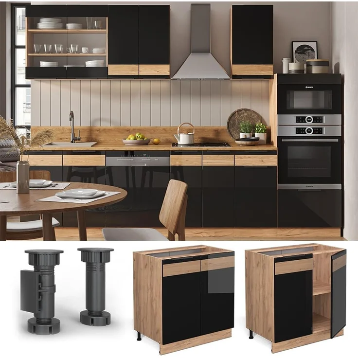 Vicco Küchenunterschrank Schwarz Eiche hochglanz 80 cm mit Regal, ohne Arbeitsplatte, Fame-Line – Bild 4