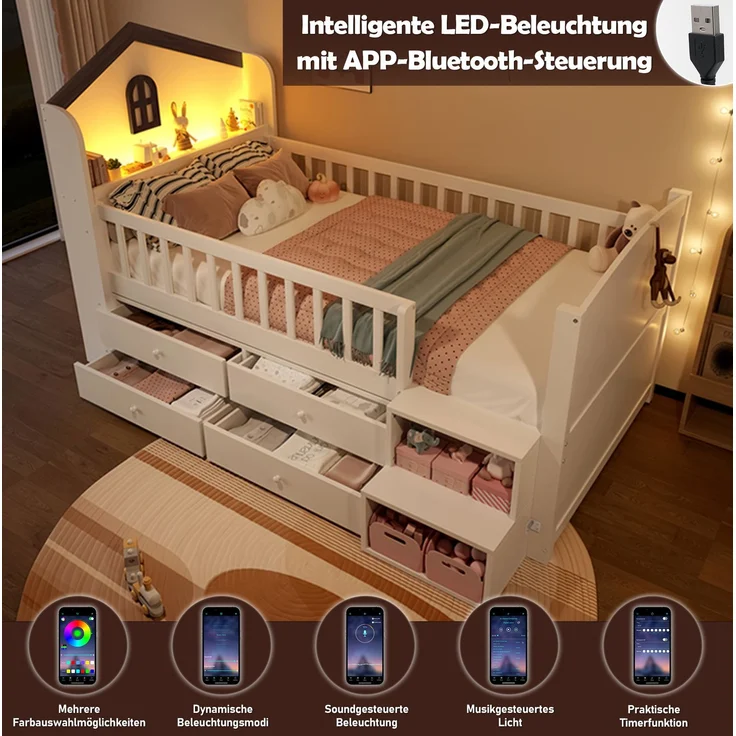 Halbhohes Kinderbett 90x200 cm in Hausform mit LED, 4 Schubladen, Regalen und Leiter, Weiß – Bild 6