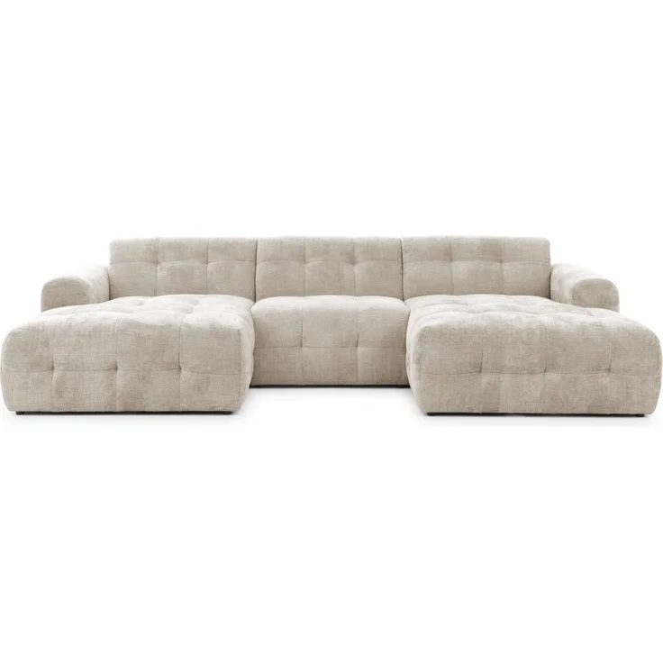 luma-home Wohnlandschaft U-Form 6-Sitzer, raffinierte Steppungen, Chenille-Bezug in Sand Grau, 323 x 161 x 79cm