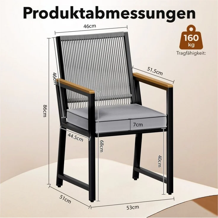 TLGREEN Gartenstuhl Rattan,Wetterfest, Balkonstuhl mit WPC Armlehne, (Outdoor Stuhl mit abnehmbar Kissen, Essstühle aus Metall, 1 St), bis 160 kg belastbar, für Terrasse, Garten, Balkon,Pool – Bild 2