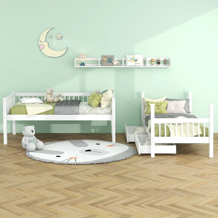 Merax Etagenbett, Kinderbett, mit 3-tufige rechtwinklige Leiter, Links oder rechts montierbare Treppe, mit Fallschutzgitter, Regale und MDF-Schubladen, Kiefernholzrahmen, Weiß, 90x200cm – Bild 3