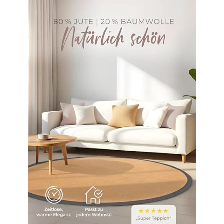carpetfine Sisalteppich Sisal, rund, Höhe: 5 mm, mit farbiger Bordüre, Anti-Rutsch Rückseite – Bild 5