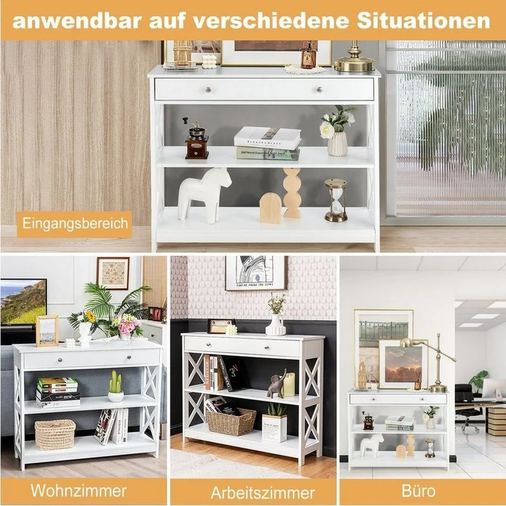 COSTWAY 3 Ebenen Konsolentisch mit Schublade, Flurtisch aus Holz, Standregal, Beistelltisch für Eingang, Wohnzimmer und Schlafzimmer, 100 x 30 x 80 cm (Weiß) – Bild 2