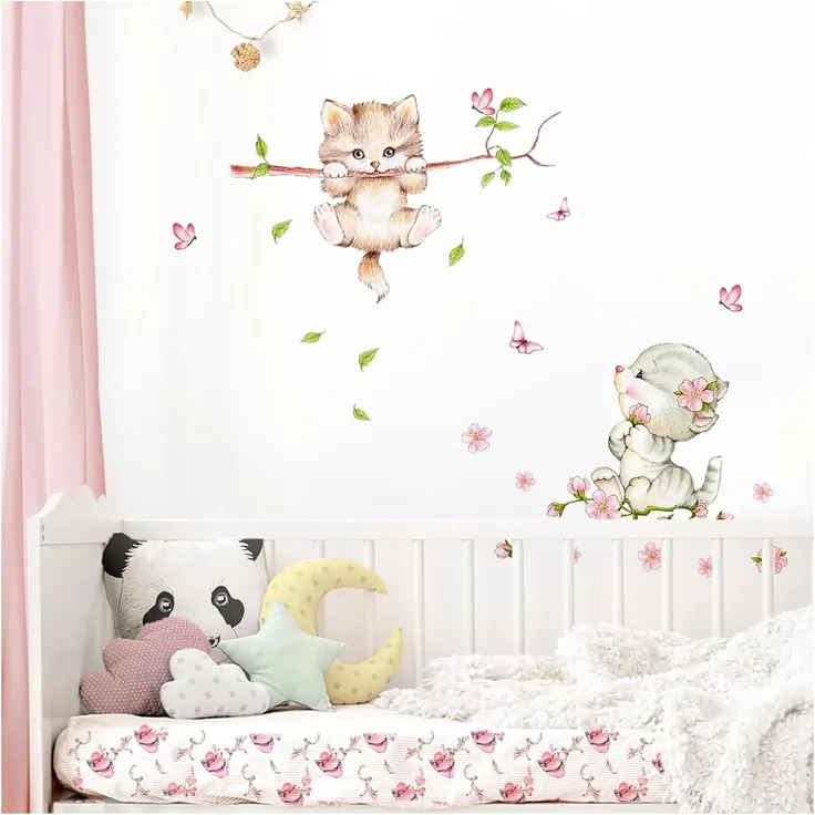 Little Deco Wandaufkleber Kinderzimmer Mädchen 2 Katzen Schmetterlinge I 2 x A4 Bogen I Wandtattoo Katze Aufkleber Tiere Deko Babyzimmer Kinder DL361