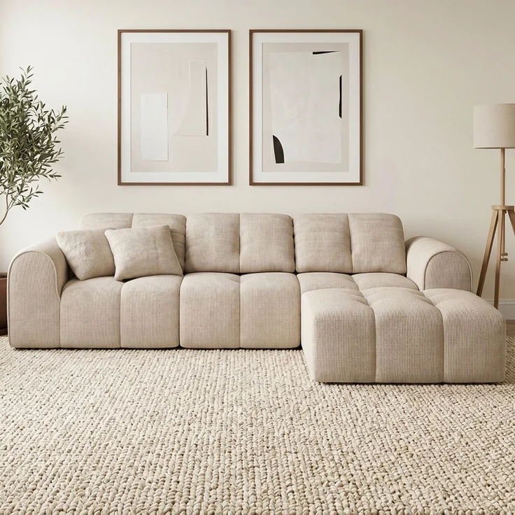 skølm 'Vanaheim' Sofa 3 Sitzer mit Hocker & 2 Kissen, Cloud Sofa beige, Chenille-Stoff, Vollschaumcouch mit Federkern und Vakuum-Kompression, kein Aufbau erforderlich – Bild 9