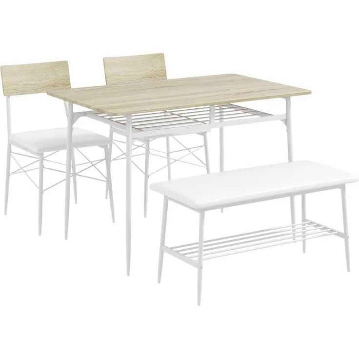 Esstisch mit 2 Stühlen, Bank, Essgruppe 4er-Set, Küchentisch-Set mit Ablage für 4 Personen, Esszimmergruppe für kleine Räume, Küche, Wohnzimmer, Eiche--Eiche--110x70x75cm--YOUDENOVA