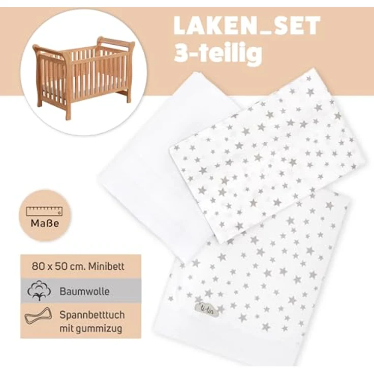 Ti TIN 3-teiliges Bett-Set Bettbezug für Babybett, 50x80 cm | Bettdeckenbezug+ Spannbettlaken mit Gummizug + Kissenbezug 100% Baumwoll-Popeline für Kinderbett, Sternchen-Motiv, grau – Bild 3