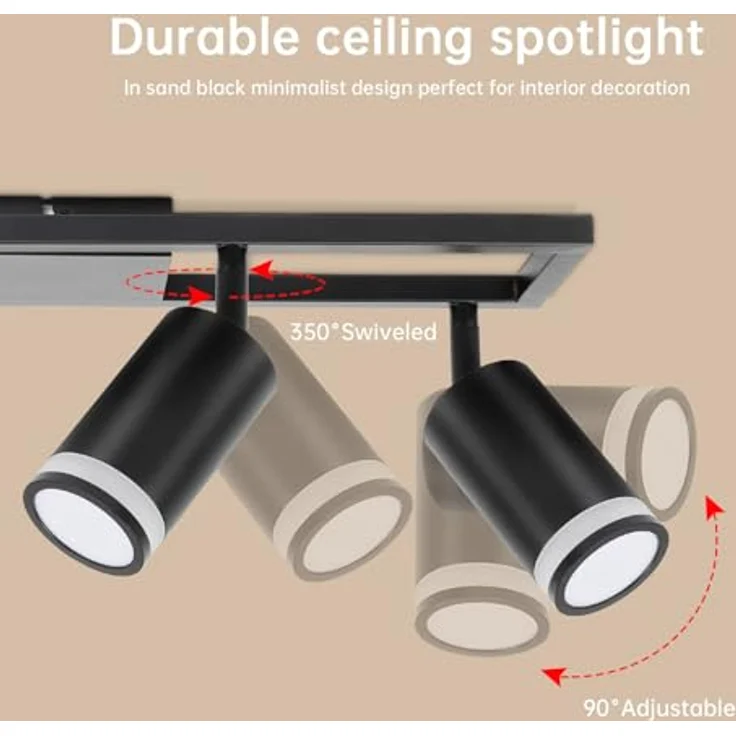 Dehobo LED Deckenstrahler 4 Flammig Schwarz GU10, Deckenlampe Strahler Schwenkbar 350°, Deckenspots für Küche Schlafzimmer Wohnzimmer, Ohne Leuchtmittel – Bild 3