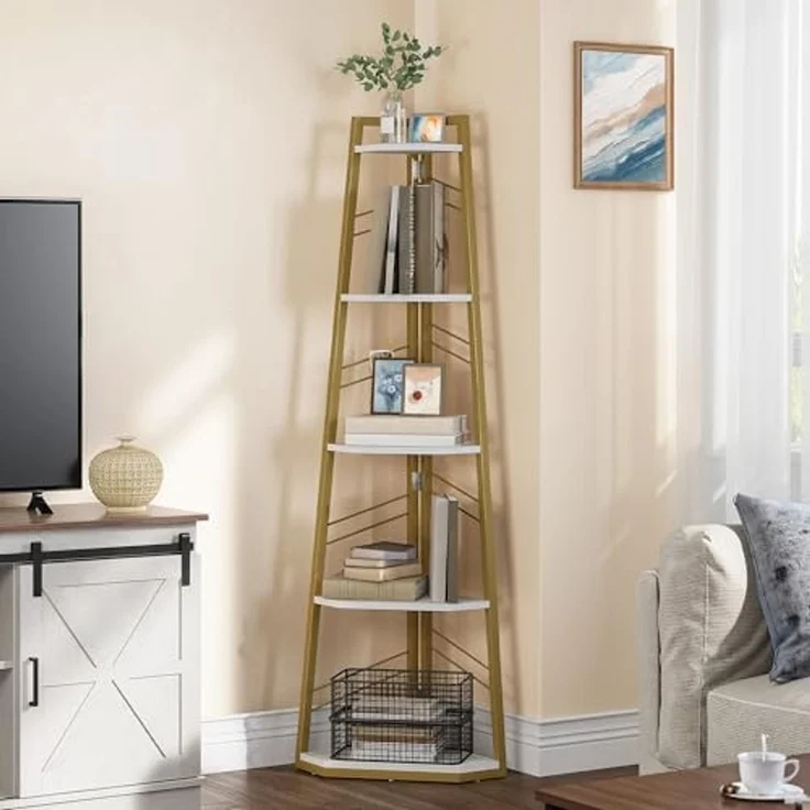 YITAHOME Eckregal, 5-stöckiges Leiterregal, Industrielles Bücherregal, Bodenstehendes Regal, Offenes Standregal aus Holz, für Wohnzimmer, Flur, Schlafzimmer, Home-Office, Gold Lagerregal – Bild 6