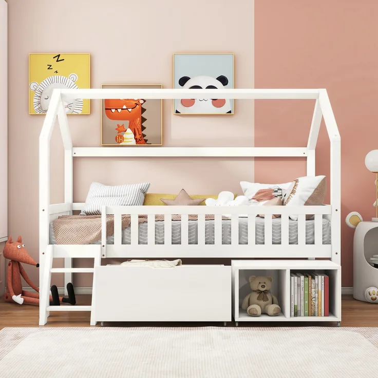Bett 90x200 cm im Hausbett-Stil mit Stauraum und Treppe – Massivholz, weiß