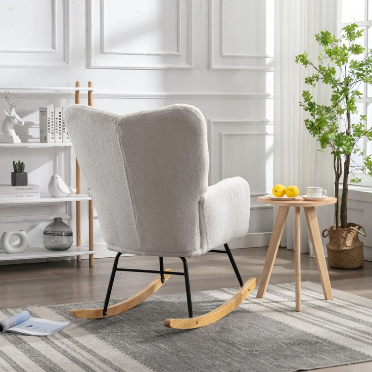 Teddy Weiß Schaukelstuhl mit Holzrahmen und Metallbasis, ergonomisch gepolstert, leises Design für Wohnzimmer & Schlafzimmer – Bild 4