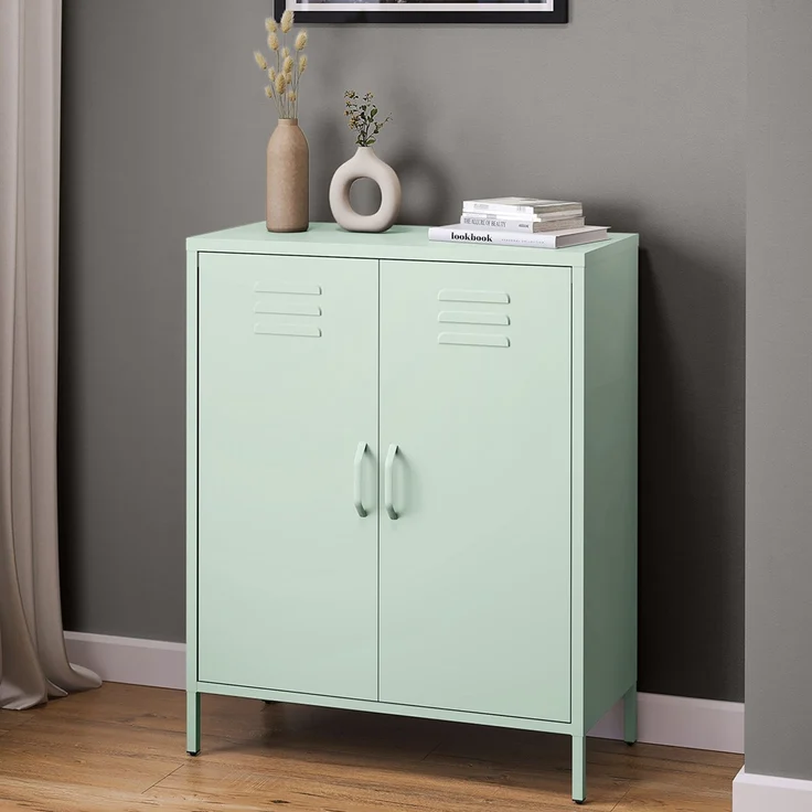 skølm 'Atria' Metallkommode, pastellgrün, 100x38x80 cm, Metallschrank mit 3 Fächern – Bild 1