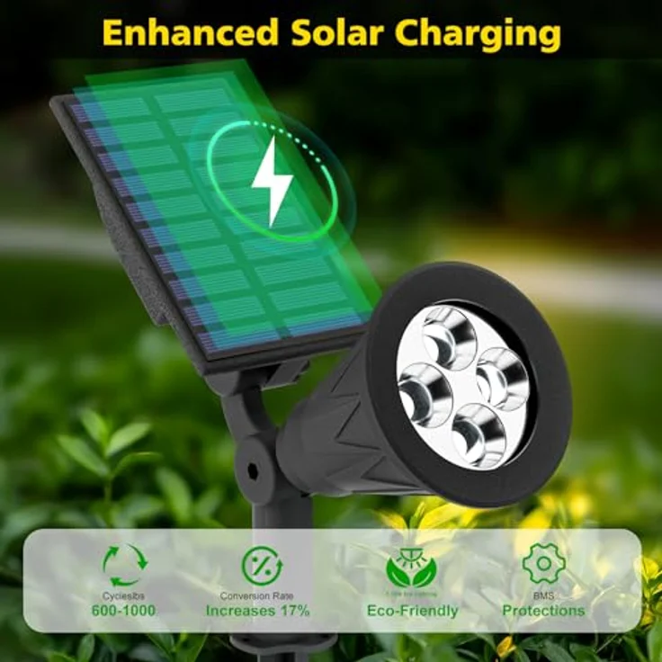 T-SUN Solarlampen, 4LED Außenleuchten mit IP65 Wasserdicht, 2 Helligkeitsmodi, 180° einstellbares Solarpanel, Grün – Bild 3