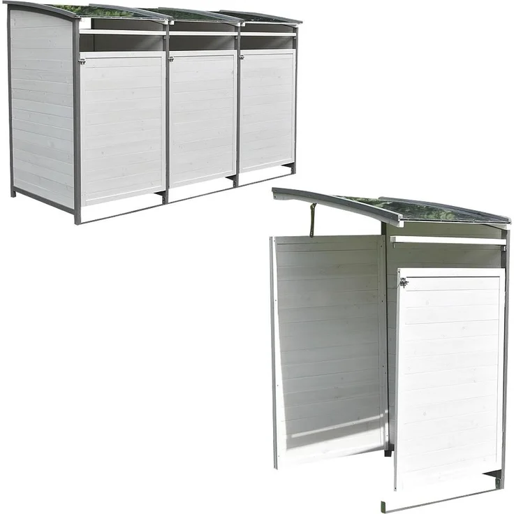 Mülltonnenbox Doppelbox Mülltonnenverkleidung Anbaubox Weiß Grau Mülltonne 240L Gartenbox Anbaubox Holz Anbau Deckel Grau Weiß Zinkdach – Bild 2