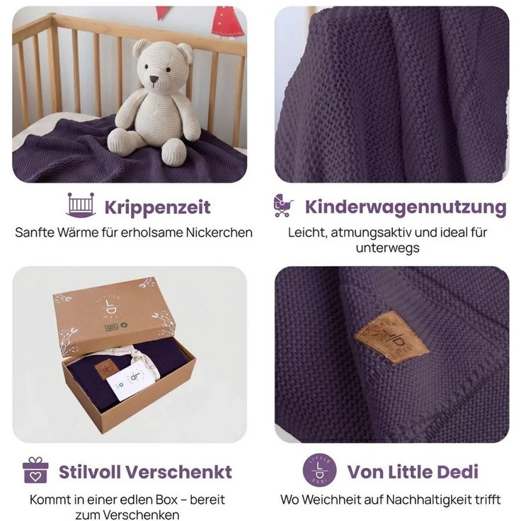 Babydecke Baby Strickdecke, %100 Bio Baumwolle, Atmungsaktiv, 80x100 cm, Violett, Little Dedi – Bild 3