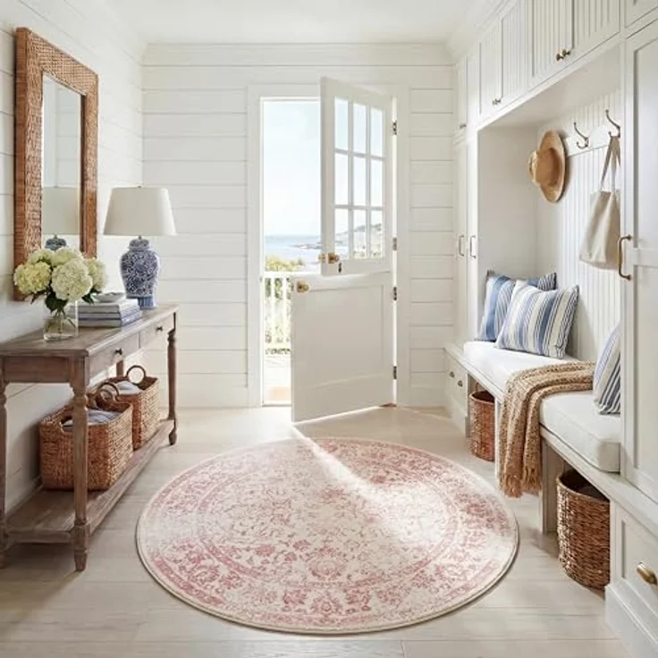 Safavieh Runder Teppich 213 cm Rund - Adirondack Collection - Transitional Design, Elfenbein & Rosa, Pflegeleichte Synthetikmischung, Ideal für Wohnzimmer, Schlafzimmer, Büro | 1 cm Flor, Teppich für den Innenbereich, langlebig, kinder- und haustierfre... – Bild 1