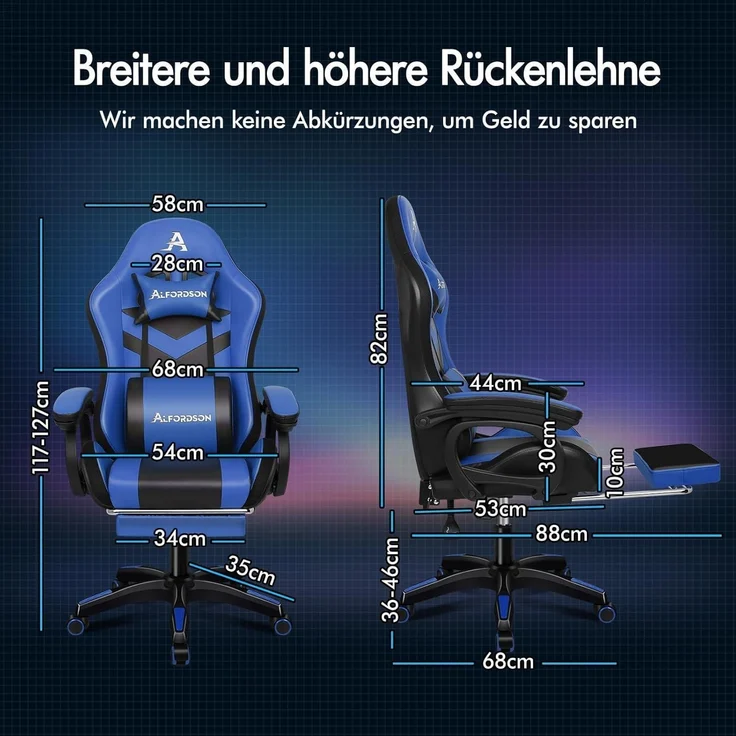 Racing Gaming Stuhl Massage Gamer 12 LED Farben RGB Beleuchtung Blau - ALFORDSON – Bild 2