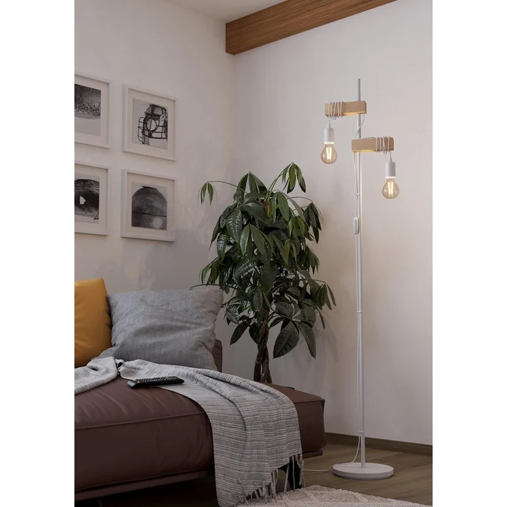 Eglo 33167 LED Stehleuchte TOWNSHEND Stahl weiß, Holz braun E27 2X10W L:20,5cm B:25cm H:166,5cm mit Kabelschalter – Bild 2