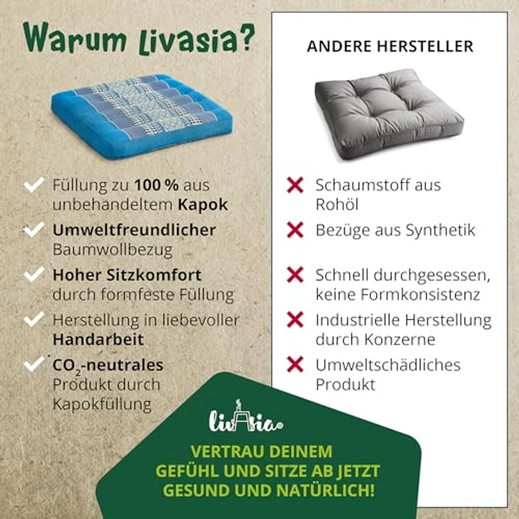 livasia Sitzkissen Sitzkissen 35 cm, vegan und handgefertigt, 35x35x6cm, Kapok – Bild 6