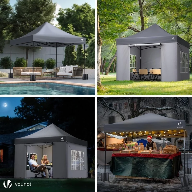 VOUNOT Pavillon 3x3 m Wasserdicht Stabil Winterfest, Pop Up Faltpavillon mit 4 Seitenteilen und 4 Sandsäcke, Party Pavillon Faltbar Gartenzelt Partyzelt, Grau – Bild 4
