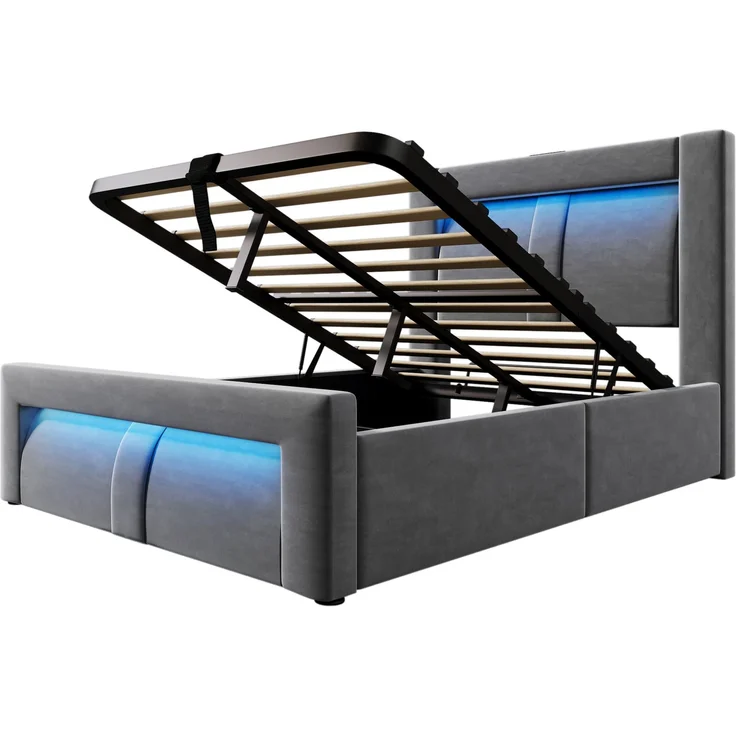 Einzelbett Samt mit Stauraum, LED & USB-Anschluss, 90x200 cm, Grau, ohne Matratze – Bild 5