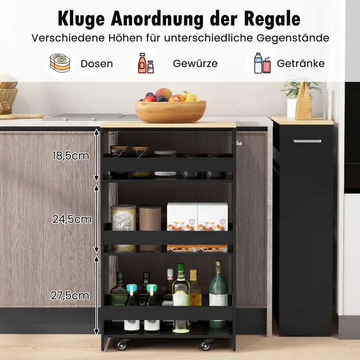 Nischenwagen 20cm breit 4 Etagen Küchenwagen schmal Nischenregal auf Rollen 47,5 x 20 x 80,5 cm Schwarz
