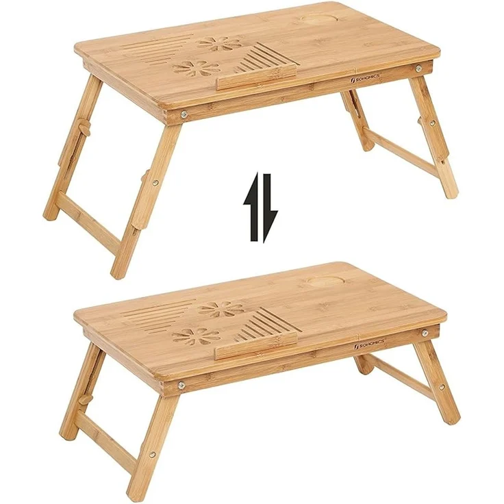 SONGMICS Laptoptisch für Bett, Laptopständer, Frühstückstablett, klappbare Beine, Bambus, höhenverstellbar, mit Schublade, 55 x 35 cm, für Laptops bis 15,6 Zoll, naturbeige – Bild 3
