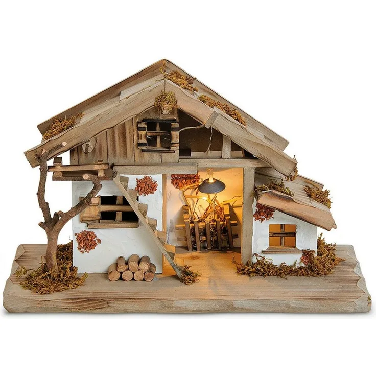 matches21 HOME & HOBBY Krippe Große Echtholz Weihnachtskrippe mit Beleuchtung in 39 x 23 x 19 cm (1-tlg), Moderne Holz-Krippe mit LED Krippen-Beleuchtung ohne Krippenfiguren
