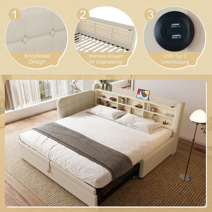 Stauraumbett mit Lattenrost, Regal, USB und Type-C Anschluss, 90x200cm/180x200cm, Liegefläche erweiterbar, Einzelbett, Polsterbett, Leinen – Bild 5