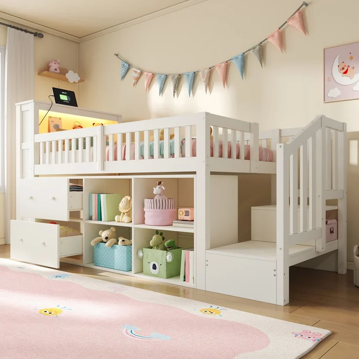 Halbhohes Bett, 90 x 200 cm, mit Schubladen, Staufächern, Leiterschrank, LED-Beleuchtung, Matratze nicht inbegriffen, Weiß – Bild 3