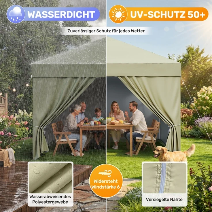 Hawthyhome Faltpavillon 3x3 Pop-Up Partyzelt, wasserdicht & UV50+, One-Touch-Schnellaufbau, 3 Höhenstufen, stabiles Kohlenstoffstahl-Gestell, inkl. 4 Seitenwände & Tragetasche, für Garten, Terrasse & Gartenpartys, Beige – Bild 6