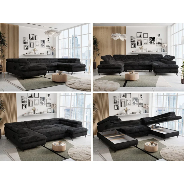 Ecksofa U-Form, mit Bettkasten, Bettfunktion und Einstellbare Kopfstützen, Sofa big XXL - PETER U - Schwarz Plüsch - Topper T25 – Bild 2