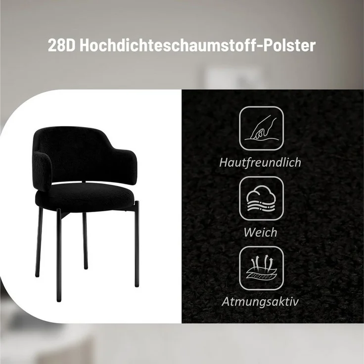 Puluomis Esszimmerstuhl Set mit gebogene Rücklehne und Armlehne, Boucle weiß / schwarz (2 St), 2/4/6/8er Küchenstühle Küchenstühle Polsterstuhl – Bild 4