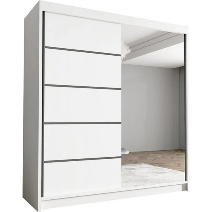 Schwebetürenschrank Harry III 180 cm mit Spiegel - Kleiderschrank, Schiebetürenschrank mit Kleiderstange und Einlegeboden, Schlafzimmerschrank, Schiebetüren - 180x215x58 cm (Weiß) – Bild 3
