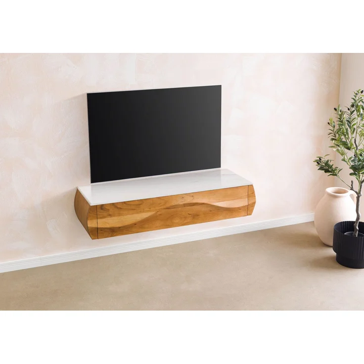 Lowboard Akazie 124 x 40 x 25 natur lackiert / Marmor weiß MONTREAL #132 – Bild 2