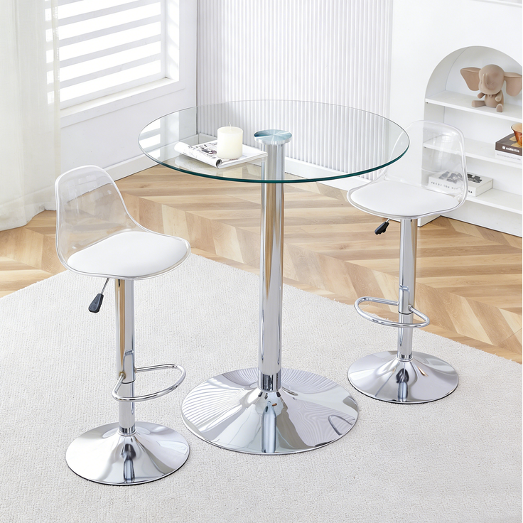 Bartisch-Set mit Glastisch Ø 89 cm und 2 höhenverstellbaren, drehbaren Barhockern – Bild 3