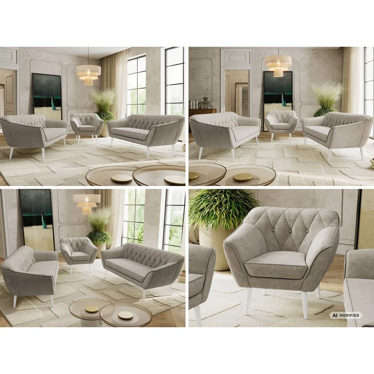 Wohnzimmerset, Möbelset PIRS 3-3-1, Armlehnen, Wellenfederung, weiße Füße, Dreisitzer Sofas mit Sessel, Polstermöbel Set - Greige Stukture – Bild 2