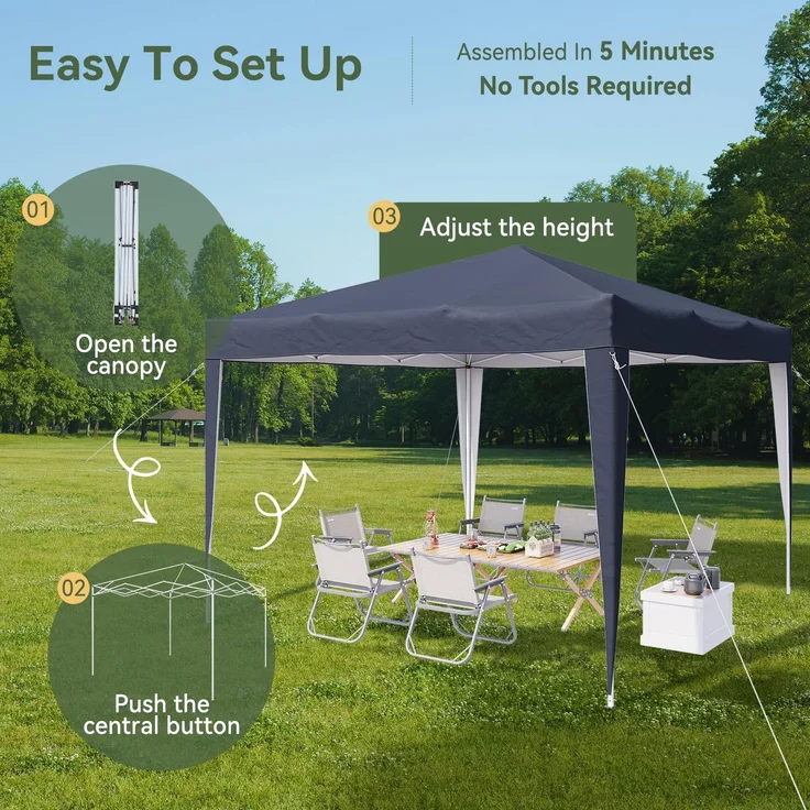 Aoxun Pop Up Pavillon 3x3 Wasserdicht, Metallrahmen-Schutzzelt, Höhe Verstellbar, 3mx3m Faltpavillon mit Tragetasche für Camping Party, Blau – Bild 6