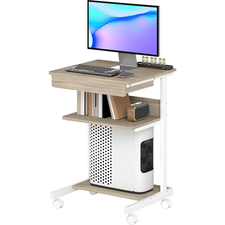 MELAYR, Roll-Schreibtisch mit Schublade und Regalen, 4 Räder, kompakt, Spanplatte, Metall, 56 x 51 x 79 cm, Eiche – Bild 2