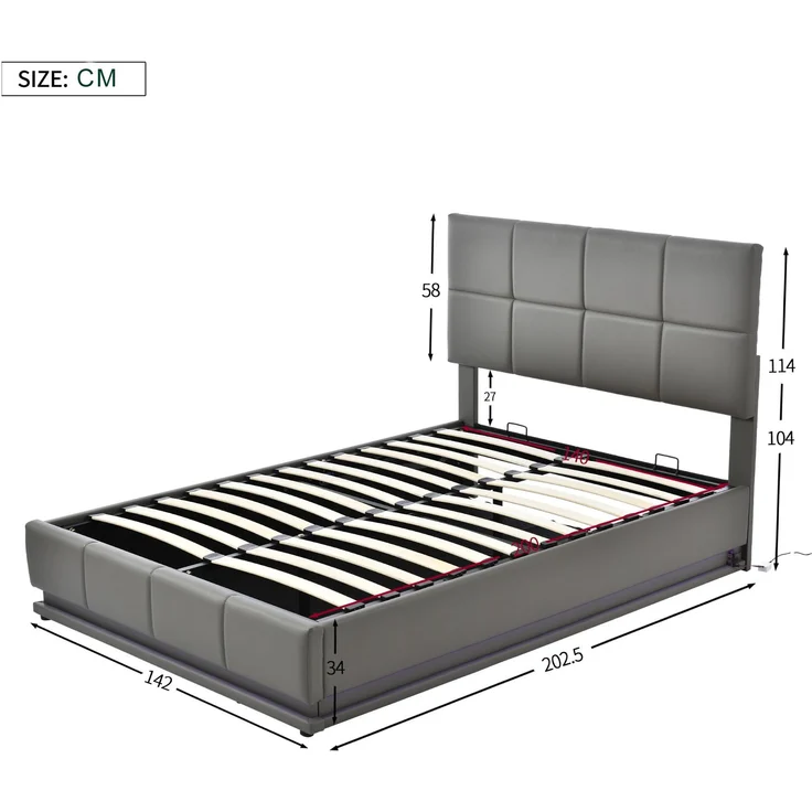 Merax LED Hydraulisches Polsterbett 140x200 aus Kunstleder Doppelbett mit Höhenverstellbares Kopfteil & Lattenrost Dunkelgrau – Bild 2