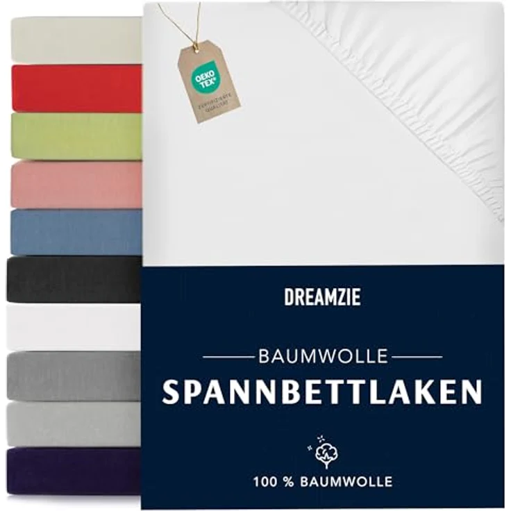 Dreamzie - Spannbettlaken 70x160 cm - Baumwolle Oeko Tex Zertifiziert - Weiß - 100% Jersey Spannbetttuch 70x160 – Bild 2