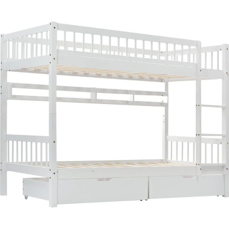 Merax Etagenbett, Kinderbett, mit 3-tufige rechtwinklige Leiter, Links oder rechts montierbare Treppe, mit Fallschutzgitter, Regale und MDF-Schubladen, Kiefernholzrahmen, Weiß, 90x200cm – Bild 9