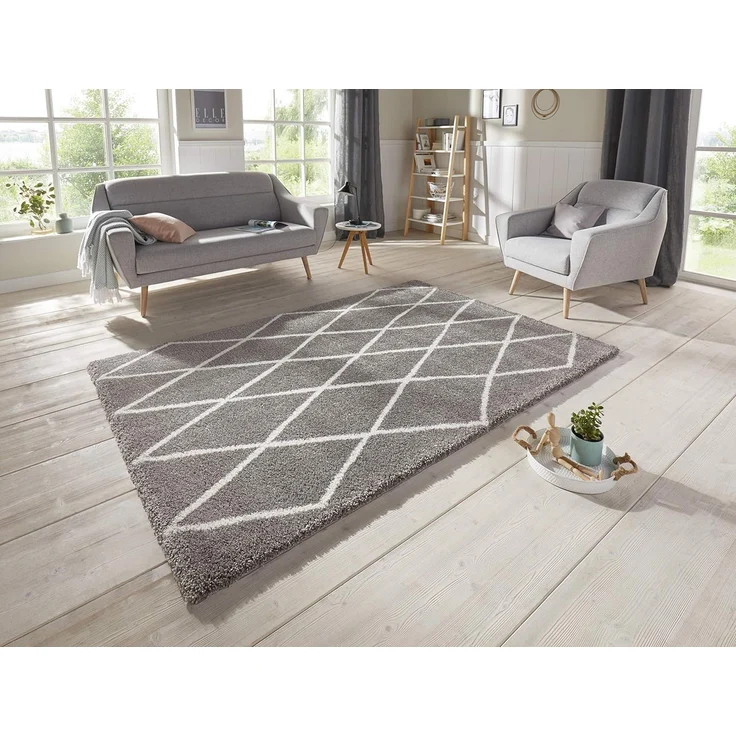 Elle Decoration Passion Hochflor Teppich Wohnzimmerteppich - Weich Flauschig Langflor Shaggy Flokati Rauten Muster für Wohnzimmer Esszimmer Küche oder Schlafzimmer Creme Grau, 160x230cm – Bild 2