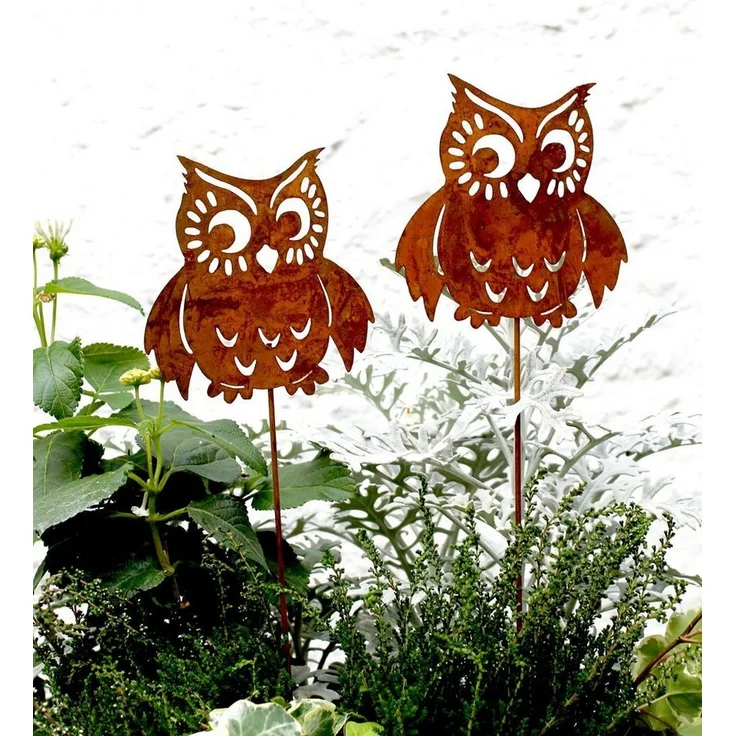 LB H&F Lilienburg Teichfigur 2er SET Gartenstecker Dekostecker Beetstecker Gartendeko Rost, (Dekofigur Garten Herbstdeko Deko Herbst Terrasse Kübel Blumenstecker Dekostecker Figur Herbststecker Teichdeko Eulenstecker Terrasse 2er EULE Rost, Dekofigur G... – Bild 1