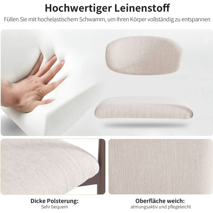 Esszimmerstühle 2er-Set, Leinenstoff & Metall, ergonomisch, gepolstert, verstellbare Beine, modern & bequem,Beige – Bild 8