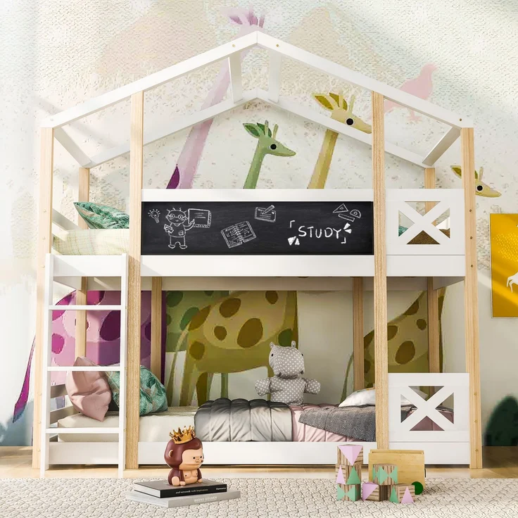 Etagenbett 90x200 cm mit Dachrahmen, Tafel & Leiter, Hochbett aus Kiefernholz, sicher & stabil, Weiß, Kinderbett – Bild 2