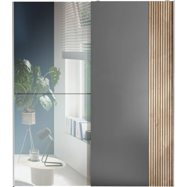 Schiebetürenschrank >Berno< 2 Türen, Grau / Spiegel / Eiche Dekor - 170x195,5x57,2cm (BxHxT) – Bild 3