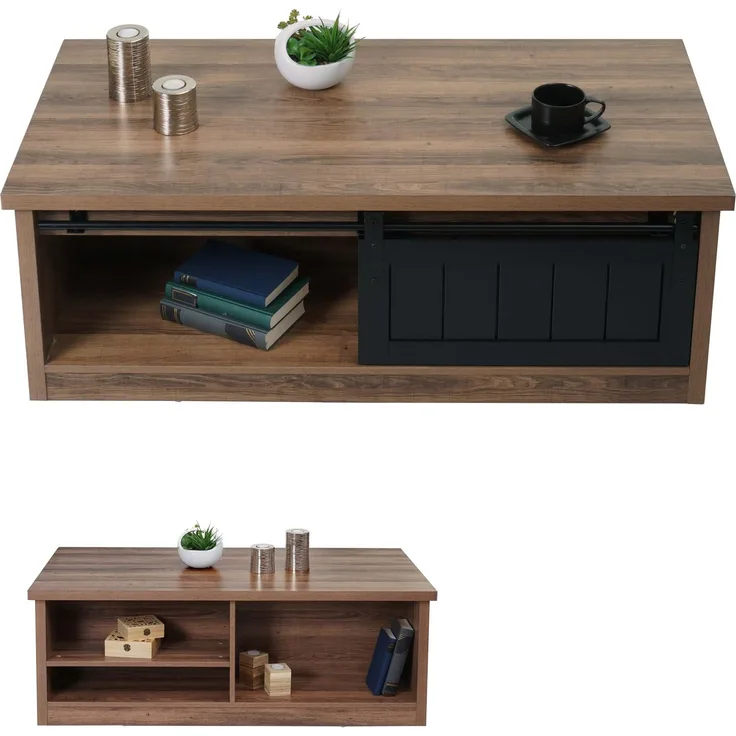 Couchtisch HWC-K75, Beistelltisch Wohnzimmertisch, Schiebetüre 6 Staufächer, Holz-Optik Metall 44x120x60cm ~ braun