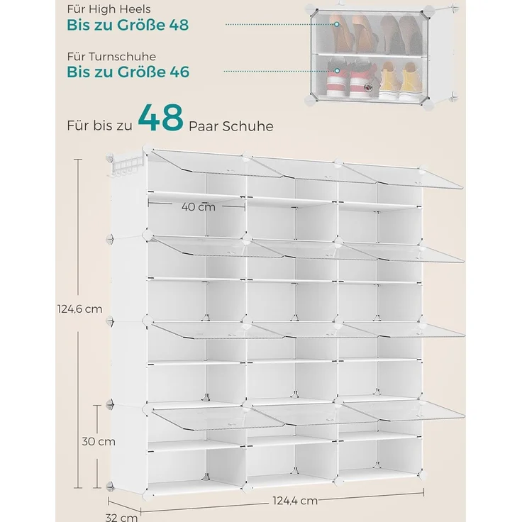 Songmics Schuhregal mit 12 Fächern, Schuhschrank, 30 x 40 x 30 cm pro Fach, schmal, mit Türen, Stahlrahmen, Kunststoff, für Flur, Schlafzimmer, Eingangsbereich, weiß – Bild 3