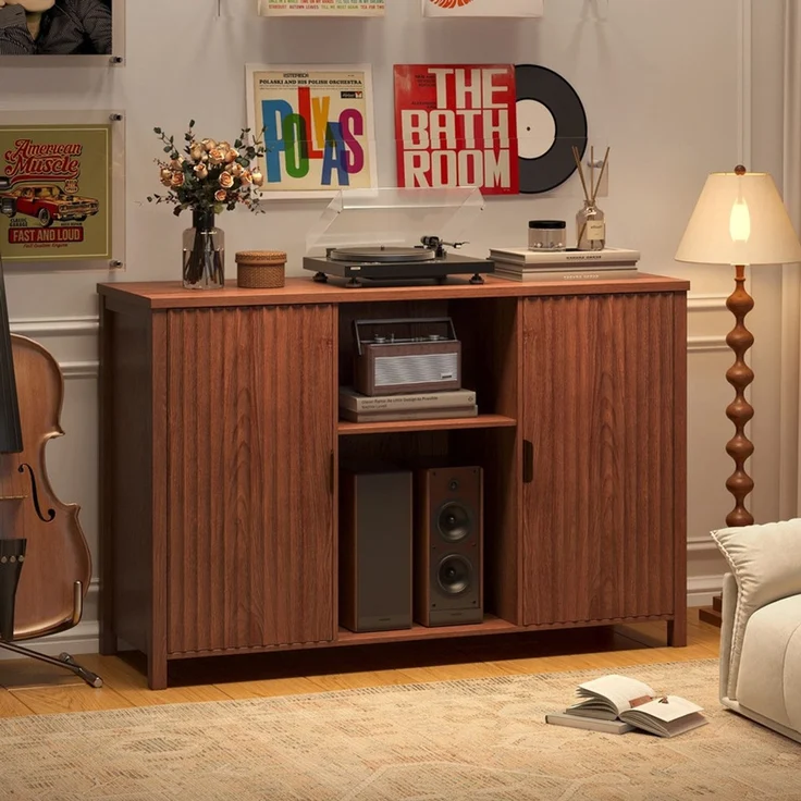 Sideboard Plattenspieler-Schrank 120x40x79 cm, Vinylregal mit Rillentüren und 16 Fächern, Braun – Bild 2
